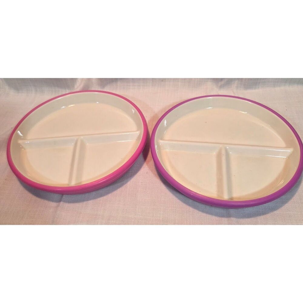 Set of 2 Pink Divided Kids Toddler Plates Non Slip 3 Compartment